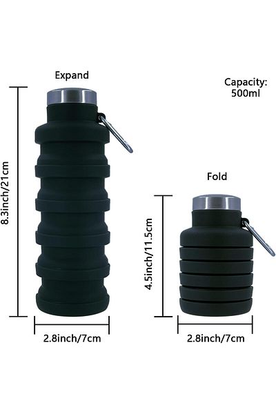 COOYA Collapsible Water Bottle 17oz,Portable Leak Proof,BPA Free Reusable,with Carabiner (Black)