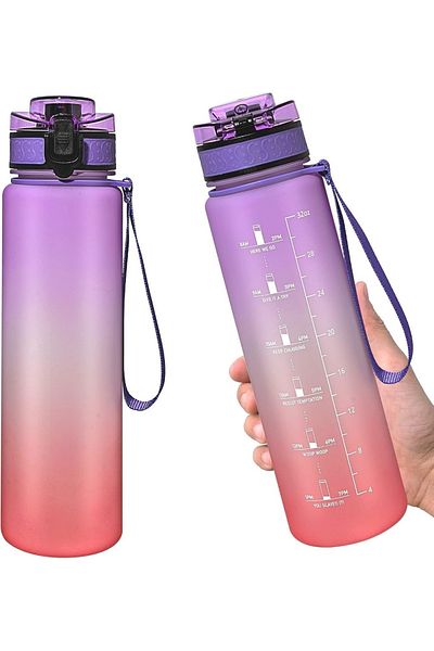 COOYA Water Bottle with Straw Time Marker (Purple/Pink) 1L, Perfect for Biking and Running, BPA Free