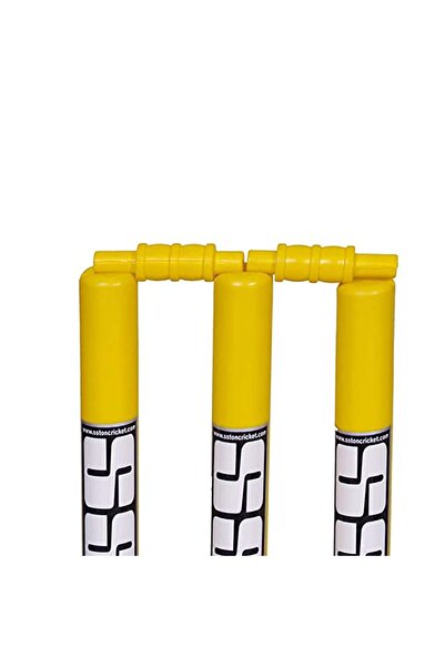 SS Plastic Cricket Stumps Set with Bails & Rubber Base | Yellow | Full Size