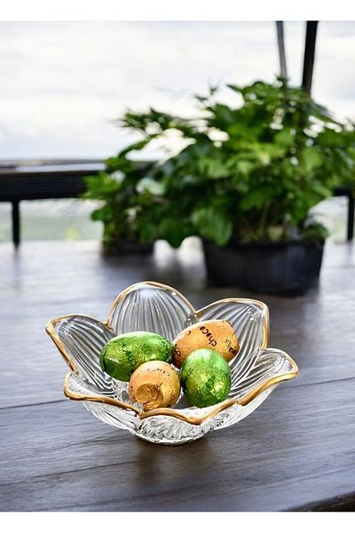 FAIR HOME Gold Detailed Lotus Flower Glass Turkish Delight Bowl Dragee Set – 6 Pieces