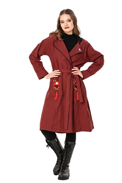 Eliş Şile Bezi Uzun Kol Pazen Ela Çift Cepli Kuşak Detaylı Sonbahar ve Kışlık...