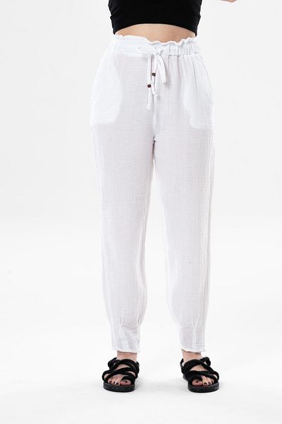 Eliş Şile Bezi Muslin Carrot Summer Trousers White Byz