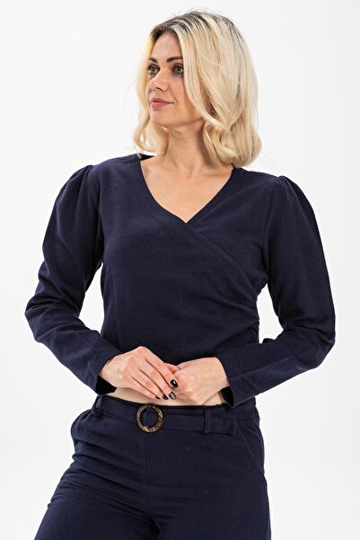 Eliş Şile Bezi Uzun Kol Kruvaze Pazen Sonbahar ve Kışlık Bluz Lacivert Lcvt