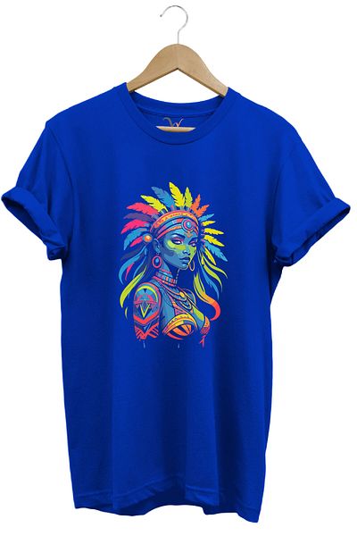 WİDİ Tricou albastru cu decolteu rotund, 100% bumbac, imprimat colorat indian