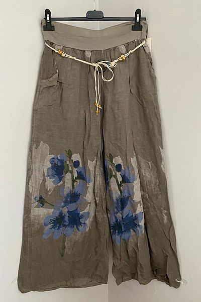 AYASOFYA OTANTIK Women's Italian Mink Rope Belt Detailed Wide Leg Linen Trousers with Side Pockets