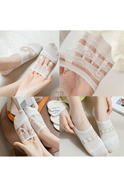 trampler Kadın 5 Çift Beyaz Tül Kalp Papatya Desenli GÖrünmez Çorap