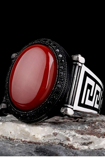 Diriliş Takı Kalkan Model Kırmızı Akik Taşlı Gümüş Erkek Yüzük