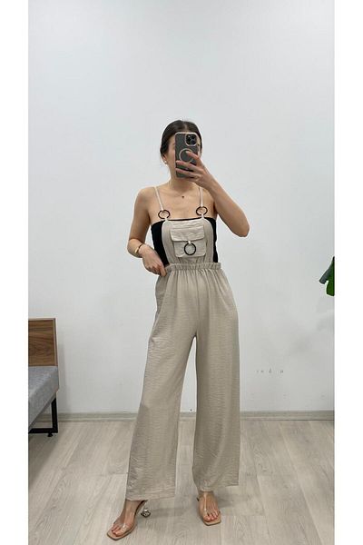 Nazline Women's Strap Buckle Front Pocket Detailed Long Linen Textured Elastic Waist Salopet
