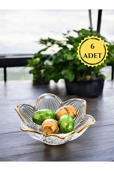 FAIR HOME Gold Detailed Lotus Flower Glass Turkish Delight Bowl Dragee Set – 6 Pieces