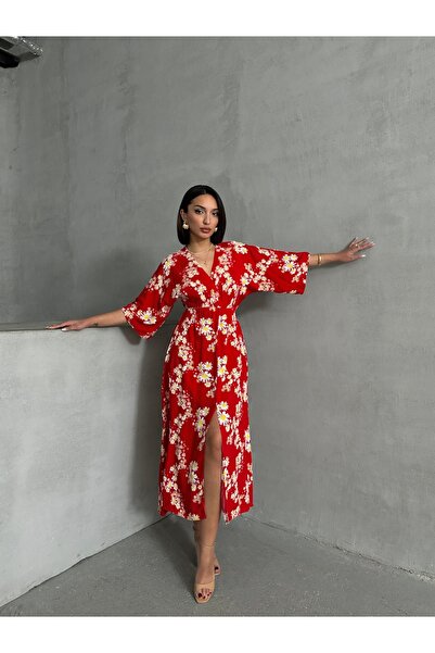 BEJNA Női duplasoros nyakkivágású, hasított hosszú nyári ruha