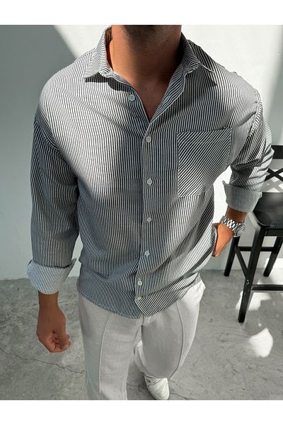 King Brothers Black Striped Cotton Men's Shirt - Pocket, Long Sleeve, Loose Fit