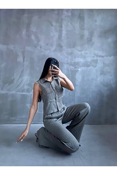 solena sln Kadın Yeni Sezon Krınkıl Kumaş Yelek Pantolon Takım