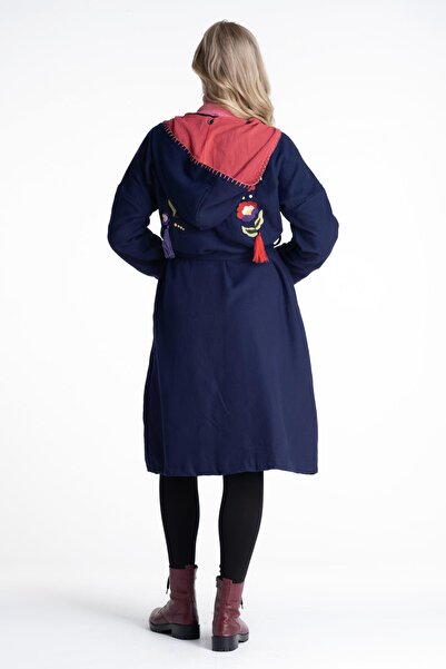 Eliş Şile Bezi Довгий рукав, подвійні кишені, пояс з деталями, осінньо-зимова куртка, темно-синя Lcvt