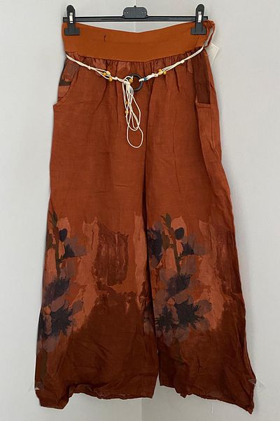 AYASOFYA OTANTIK Women's Italian Tan Rope Belt Detailed Loose Wide Leg Linen Trousers with Side Pockets