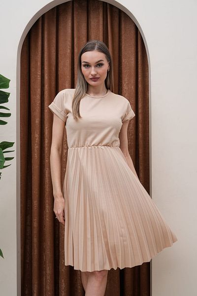 H&E LUXURY DESIGN Women's Crew Neck Pleated Dress
