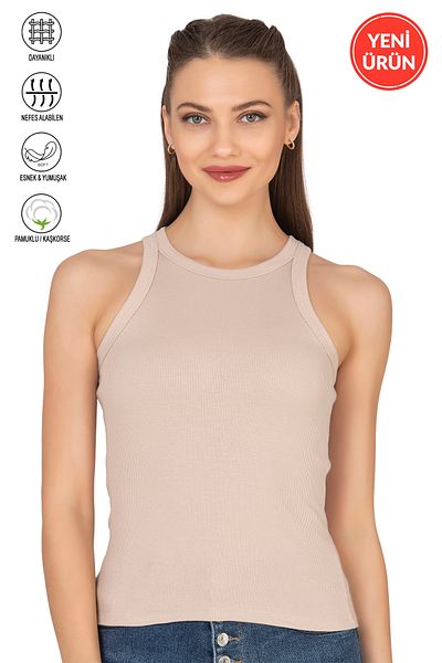 ÖZKAN underwear Özkan 27464 Women's Cotton Camisole Ribbed Flexible Comfortable Halter Neck Wide Bias Knitted Undershirt