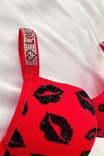 ifondi Kiss Patterned Stone Strap Supported Bra Suit Red