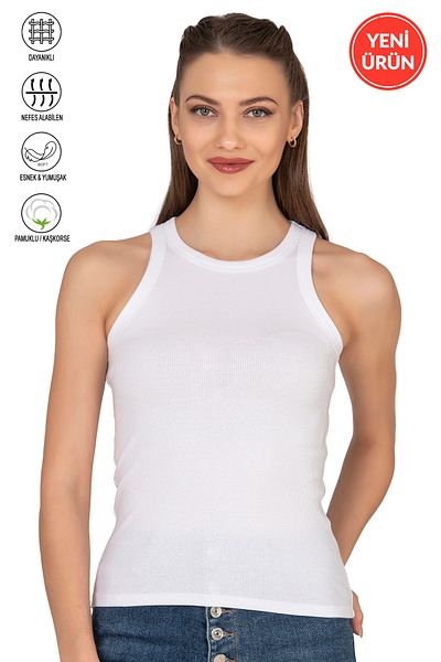 ÖZKAN underwear Özkan 27464 Women's Cotton Camisole Ribbed Flexible Comfortable Halter Neck Wide Bias Knitted Undershirt