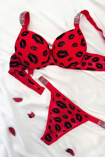 ifondi Kiss Patterned Stone Strap Supported Bra Suit Red