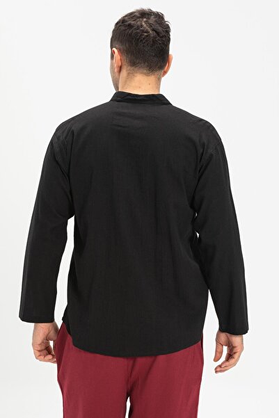 Eliş Şile Bezi Ανδρικό καλοκαιρινό μπλουζάκι μεγάλου μεγέθους Şile με μακρύ μανίκι μονή τσέπη με γιακά δικαστή μαύρο 3003