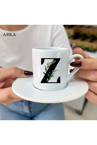 Hediyeciabla Special Design Special Moments Turkish Coffee Cups with Letter Z and Floral Leaves