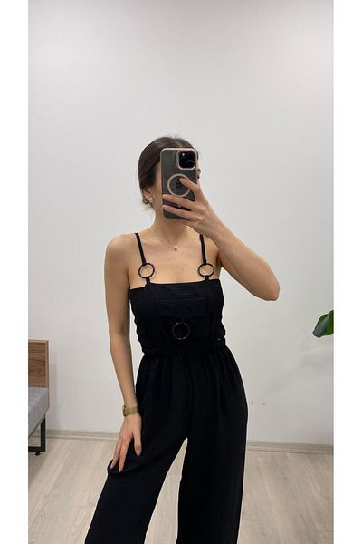 Nazline Women's Strap Buckle Front Pocket Detailed Long Linen Textured Elastic Waist Salopet