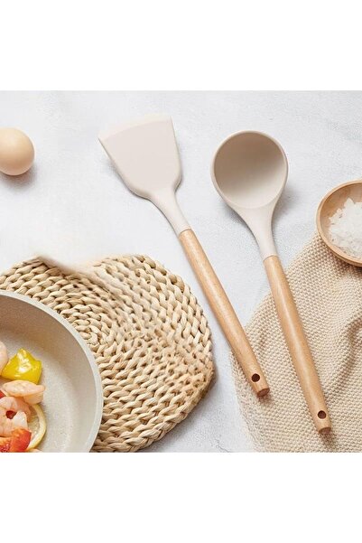 Fİ HOME 2 Pieces Bamboo Handle Silicone Spatula and Ladle