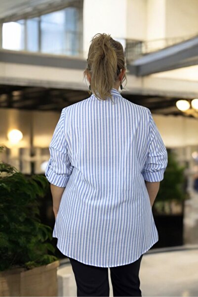 yagmurberen Striped Patterned Folding Sleeve Detail Woven Fabric Large Size Shirt