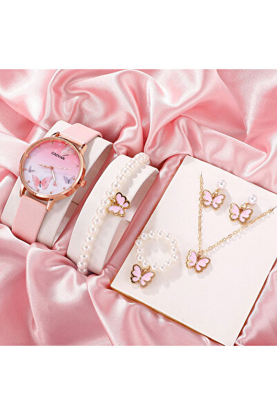 Choice مجموعة من 6 قطع من ساعات الكوارتز النسائية الأنيقة باللون الوردي بمينا فراشة باللون الوردي بتصميم علامة تجارية فاخرة للسيدات