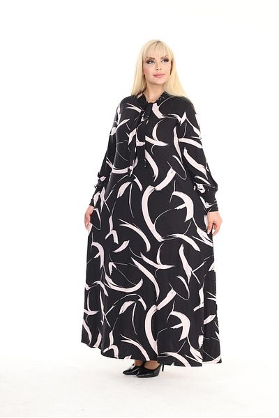 mami butik Standard Plus Size Black Ground Salmon Striped Tie Collar Loose Fit Viscose Combed Cotton Dress
