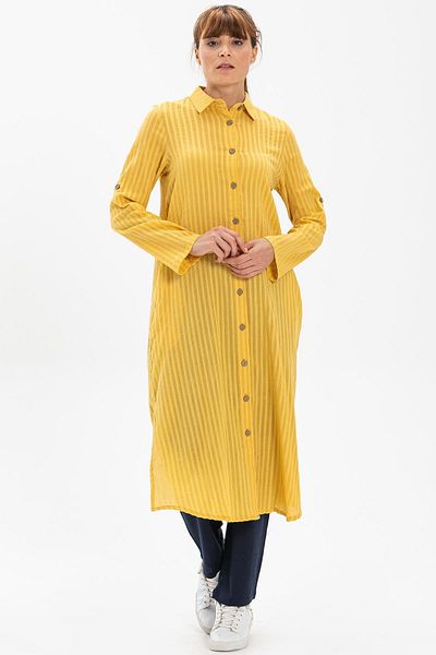 Eliş Şile Bezi Seersucker Seasonal and Summer Tunic with Long Sleeve Collar Yellow Yellow