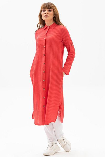 Eliş Şile Bezi Long Sleeve Collared Seersucker Seasonal and Summer Tunic Coral Mrcn
