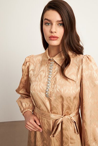 VAVİNOR Royal Taşlı Jakar Elbise - Gold