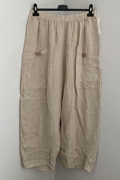 AYASOFYA OTANTIK Women's Italian Beige Bag Pocket Detailed Wide Leg Oversize Loose Linen Trousers