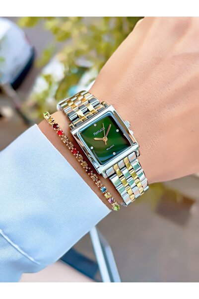 Ferrucci ساعة يد نسائية بسوار فولاذي مربعة الشكل مقاومة للماء 3 ATM + سوار هدية