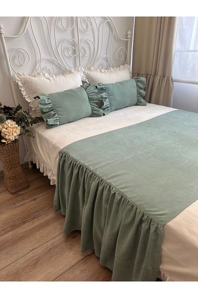 Decamor home Sage Green Frilly Bed Runner and Inner Filled Throw Pillow Set Double