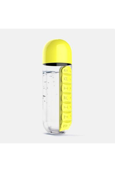 Choice4 Yellow 2 in 1 600ml 7 Grids Medicine Box Water Cup Sports Plastic Water Bottle Combine Daily Pill Bo