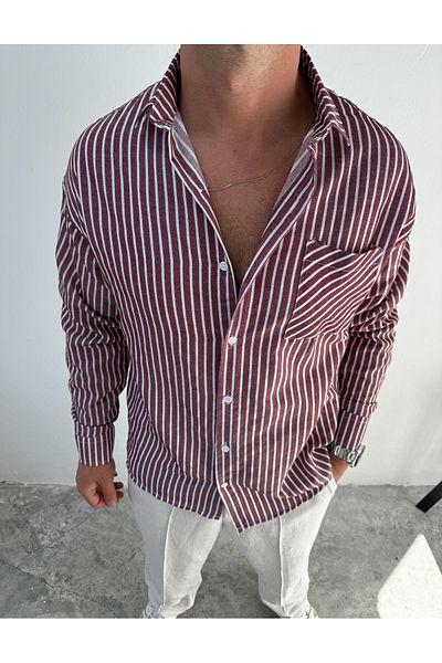 King Brothers Claret Red White Striped Oversize Shirt - Pocket and Button