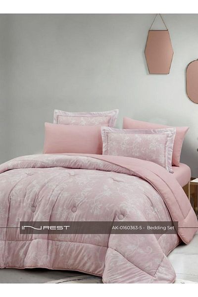 INREST Elegant 6-Piece Bedding Set – King Comforter (230×250 cm) Pink 100 % Microfiber