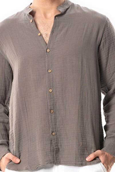 Eliş Şile Bezi Gray Gray Long Sleeve Judge Collar Men's Muslin Summer Shirt