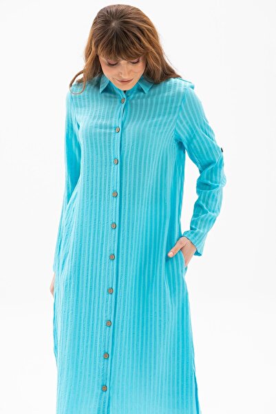 Eliş Şile Bezi Long Sleeve Collared Seersucker Seasonal and Summer Tunic Turquoise Trkz