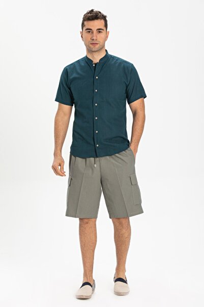 Eliş Şile Bezi Cămașă de vară pentru bărbați din bumbac slub cu mâneci scurte Dark Petrol 3069