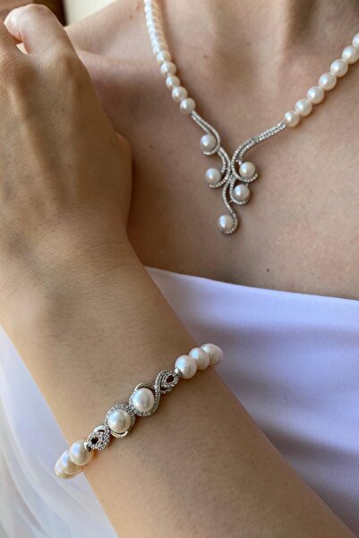 Birinci 925 Ayar Gümüş Kadın Zirkon Taşlı Suyolu Doğal İnci Kolye Bileklik İk...