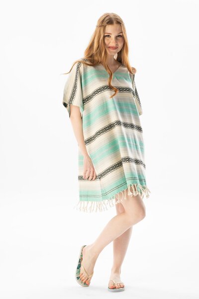 Eliş Şile Bezi Κοντό μανίκι υφαντό Beach Mini Poncho Green Ysl