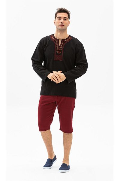 Eliş Şile Bezi Μακρυμάνικο ύφασμα Sile Crew Neck Ethnic Ανδρικό καλοκαιρινό μπλουζάκι μαύρο Syh