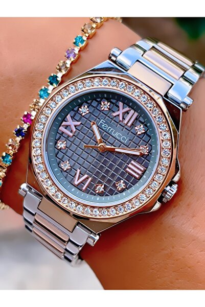 Ferrucci ÇELİK KORDON TAŞ MOTİFLİ ÖZEL TASARIM 3 ATM SU GEÇİRMEZ KADIN KOL SAATİ+BİLEKLİK HEDİYELİ