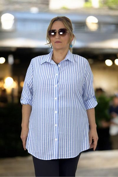 yagmurberen Cămașă de mărime mare din țesătură seersucker cu model în dungi cu mâneci pliabile