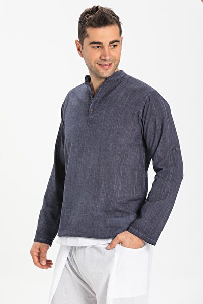 Eliş Şile Bezi Ανδρικό καλοκαιρινό μπλουζάκι με μακρύ μανίκι από βαμβακερό μαλλί Indigo 9009