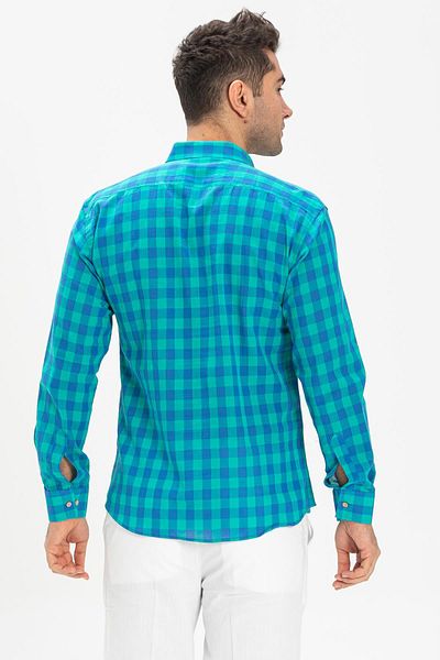 Eliş Şile Bezi Μακρυμάνικο Skinny Fit Sile Πανί Μονή Τσέπη Ανδρικό Καλοκαιρινό Πουκάμισο Μέντα Καρό 3033