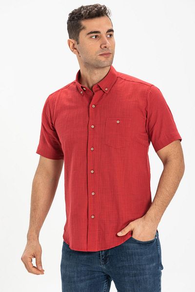 Eliş Şile Bezi Short Sleeve Slim Fit Şile Cloth Single Pocket Men's Summer Shirt Red 3051